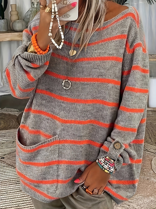 Striped Boat Neck Pullover Sweater Vintage Long Sleeve Pocket Loose Sweater
