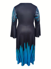 Floral & Ombre Print Bell Sleeve Maxi Dress