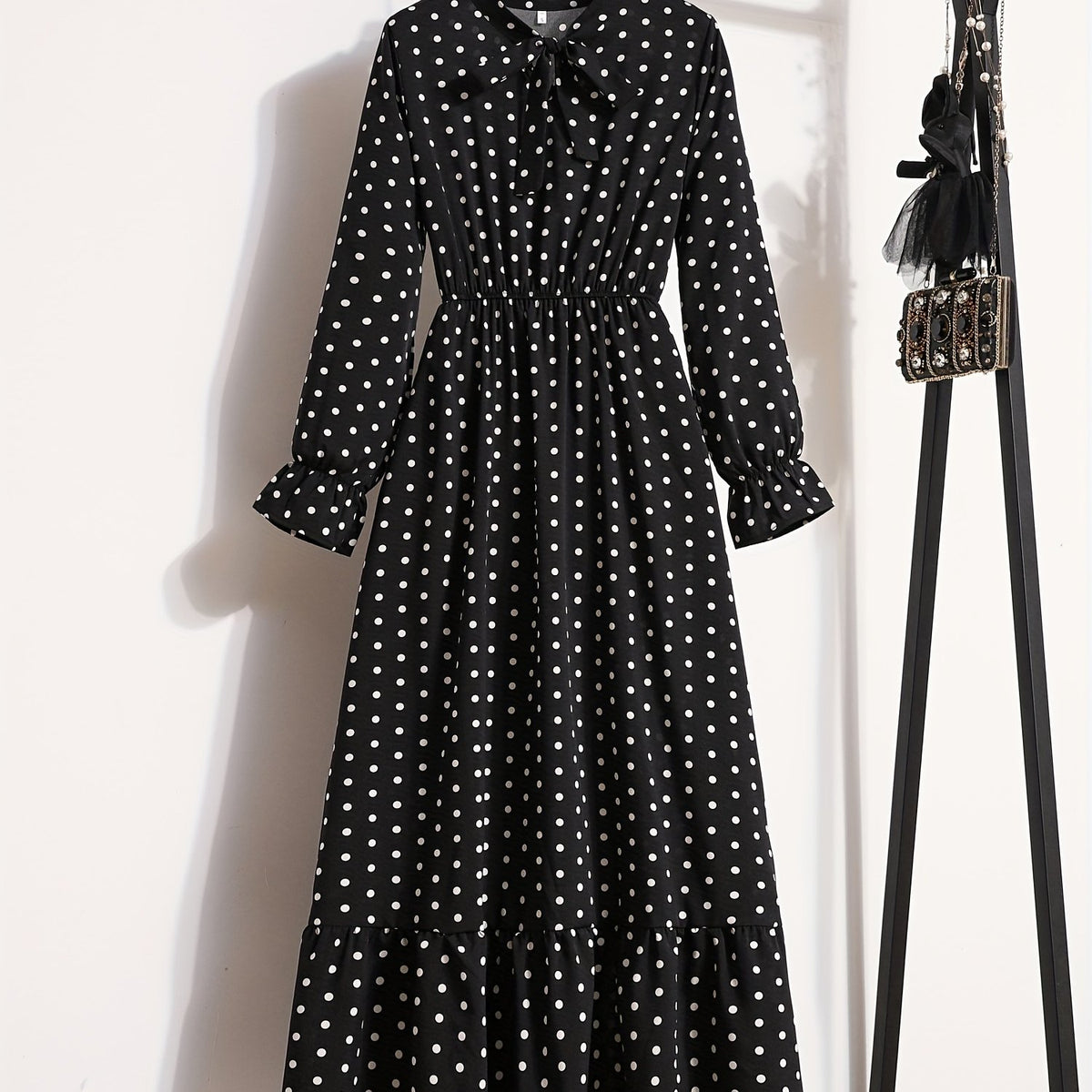 Pin Dot Print Dress Vintage Tie Neck Long Sleeve A Line Dress