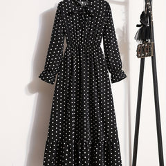 Pin Dot Print Dress Vintage Tie Neck Long Sleeve A Line Dress