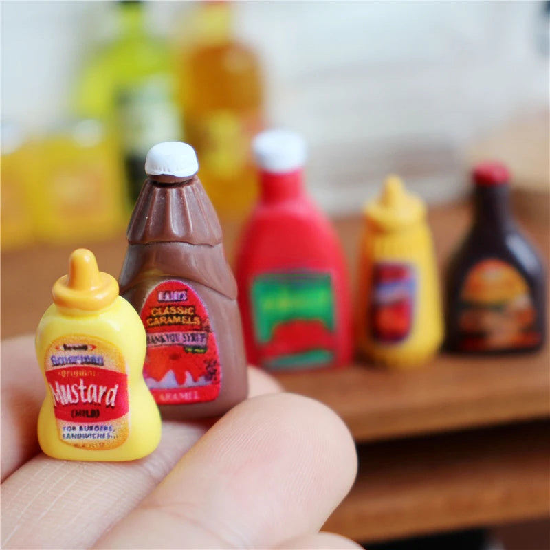 1:6 Dollhouse Sauce Bottles Set - Ketchup, Mustard, Mayonnaise, Soy Sauce, BBQ