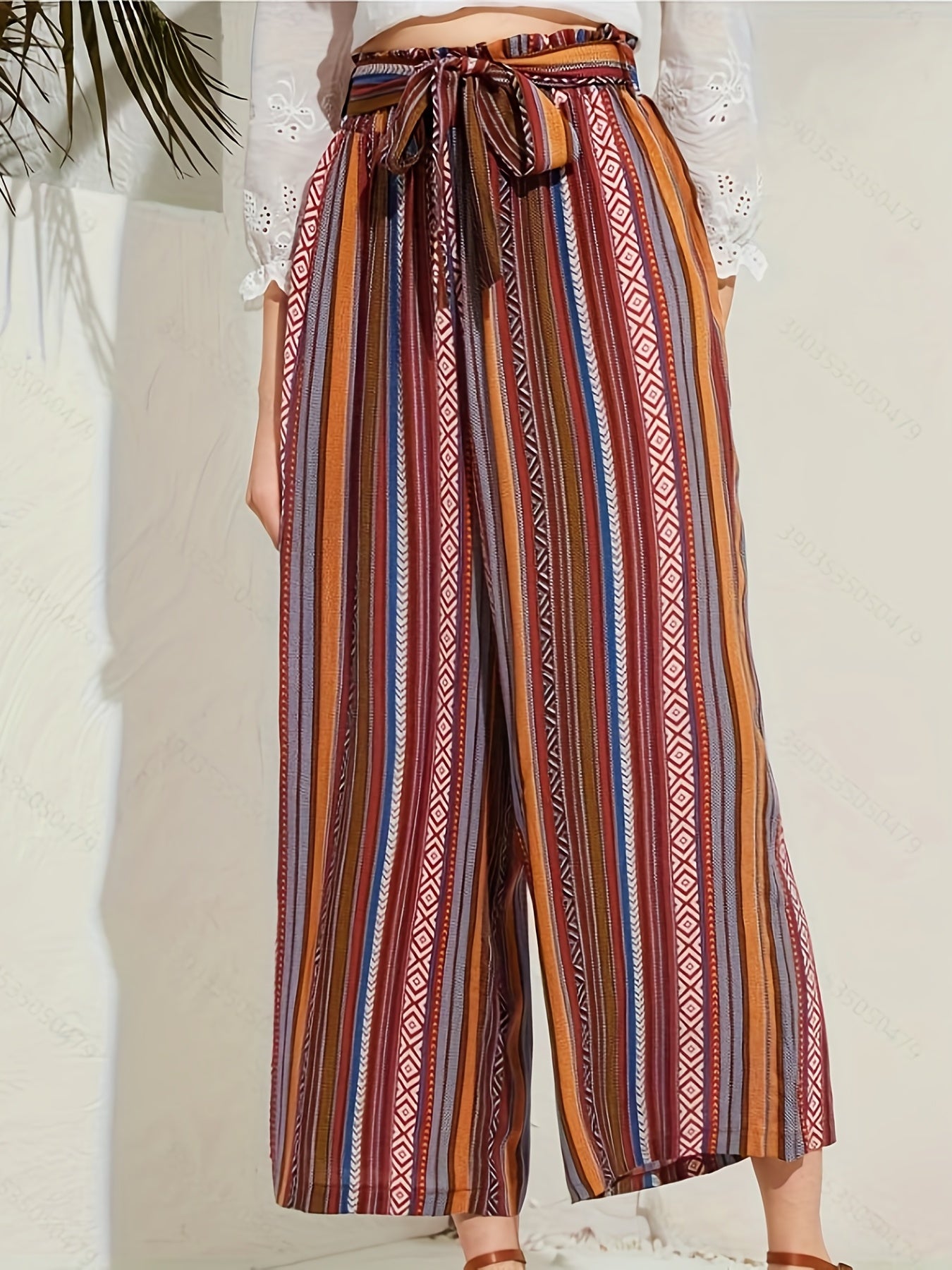  Patchwork Print Wide Leg Trousers with Belt