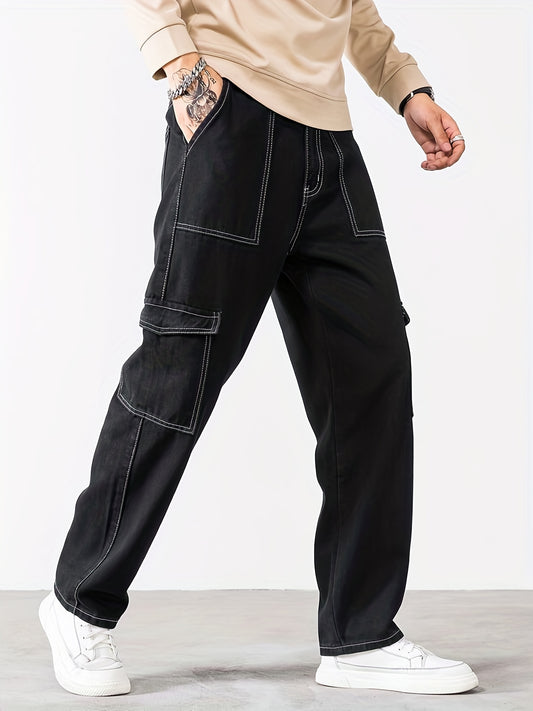 Men's Loose Straight Leg Thin Pants Flap Pocket Sports Cargo Trousers