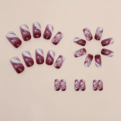 24Pcs Short Square Purple Press On Nails with Geometric Lines Designs