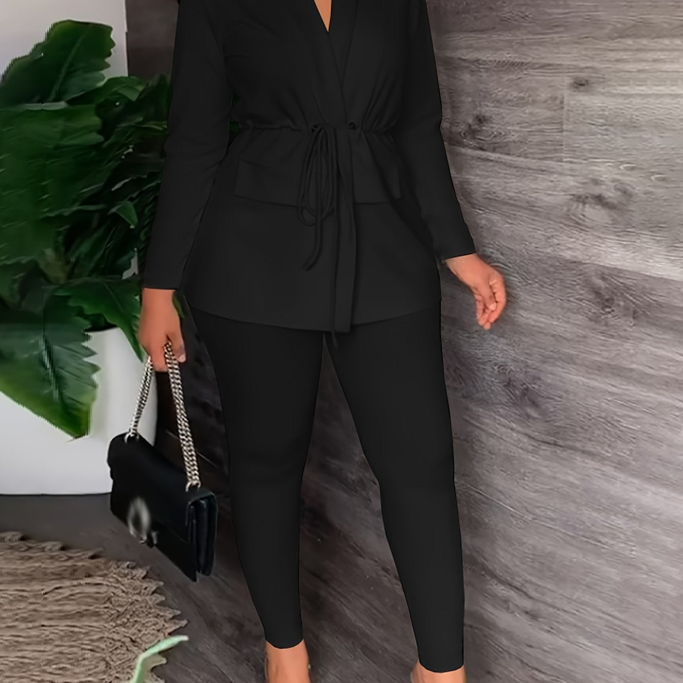  Solid Drawstring Long Sleeve V Neck Blazer & Pants Outfits Set