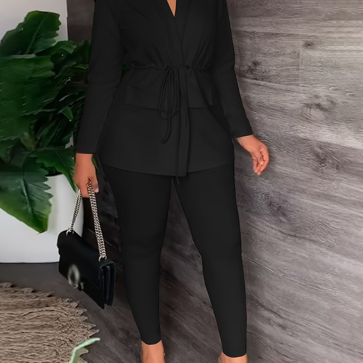  Solid Drawstring Long Sleeve V Neck Blazer & Pants Outfits Set