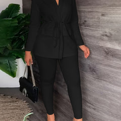  Solid Drawstring Long Sleeve V Neck Blazer & Pants Outfits Set