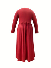  Solid Long Sleeve Round Neck Maxi Dress With Pockets