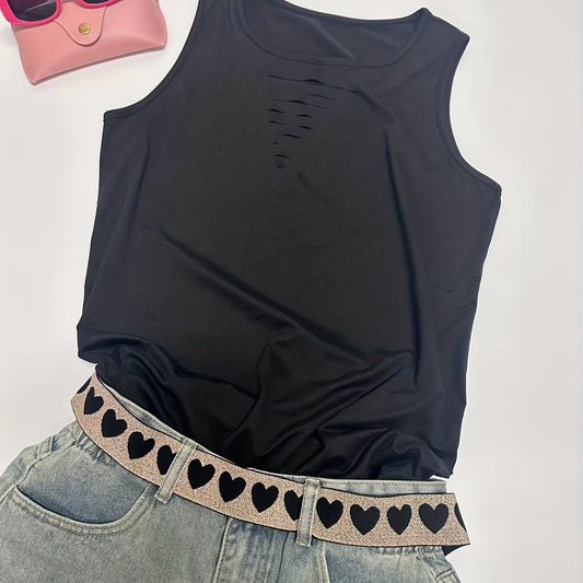 Sexy Solid Cut Out Tank Top Crew Neck Summer Sleeveless