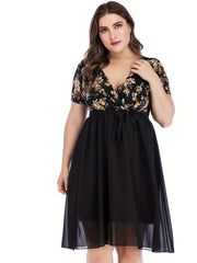 Women's Plus Floral Print Mesh Sleeve Midi Dress