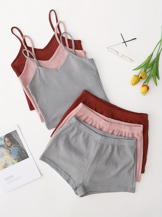  Waffle Knit Pajama Set: V Neck Cami Top & Shorts - 6 Pc