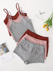  Waffle Knit Pajama Set: V Neck Cami Top & Shorts - 6 Pc