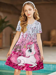 Girls Unicorn Print Short Sleeve Dress Summer Clothes