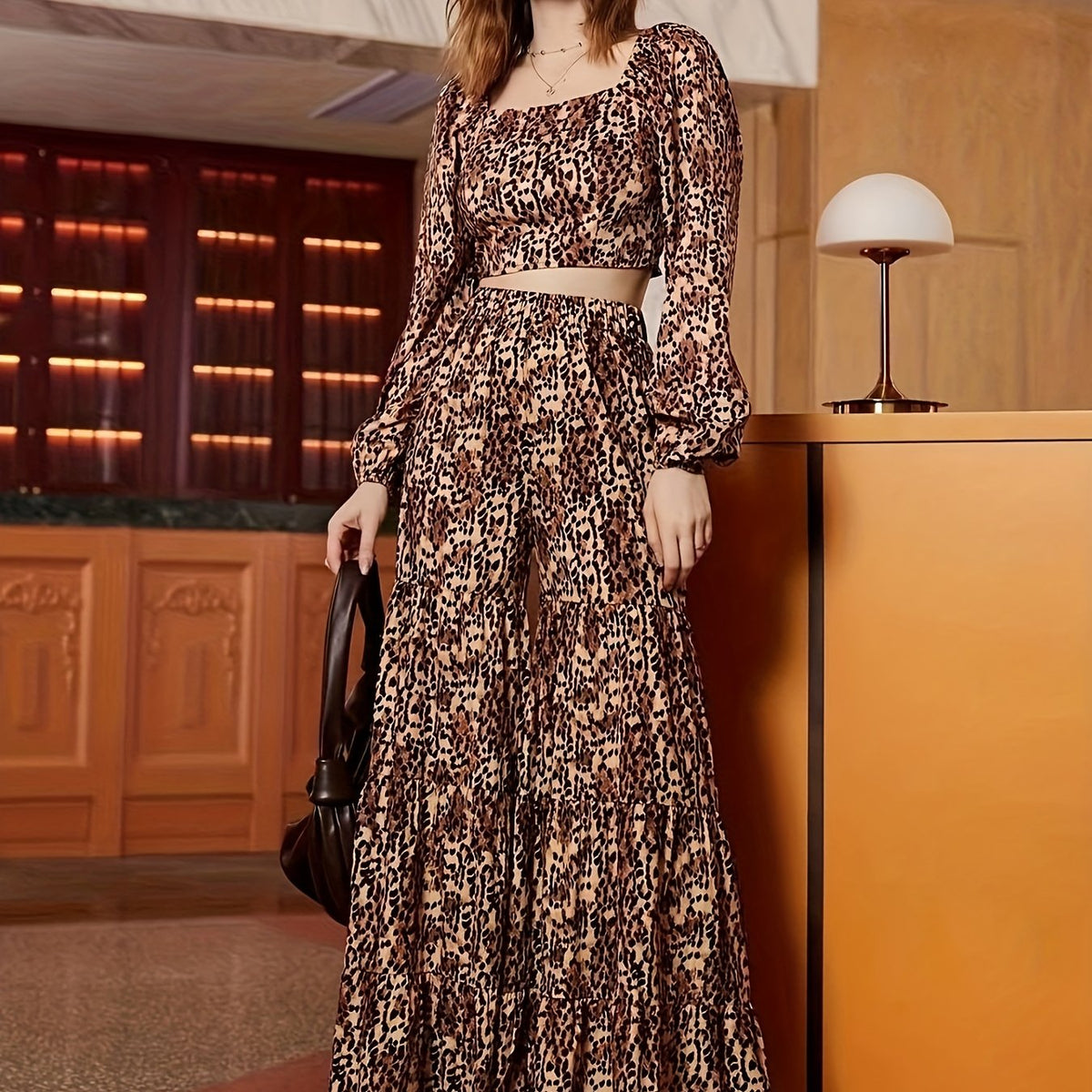 2pc Wide Leg Pants Set Square Neck T Shirt & High Waist Wide Leg Pants