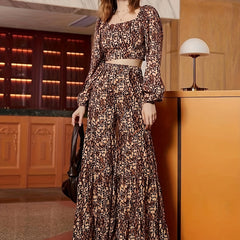 2pc Wide Leg Pants Set Square Neck T Shirt & High Waist Wide Leg Pants