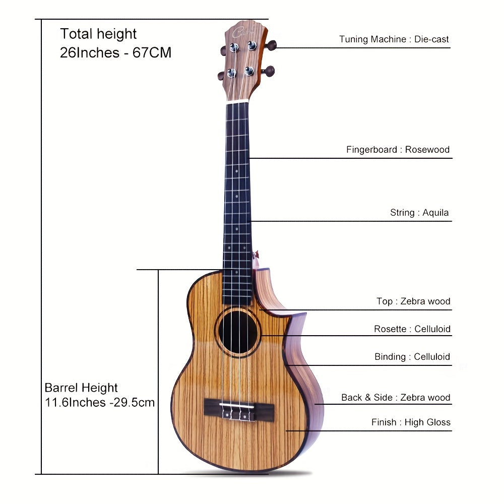 26 Inch Ebony Wood Ukulele for Beginners