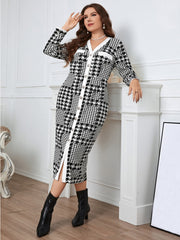 Women's Plaid Plus Size V Neck Dress Long Sleeve Button Detail Bodycon