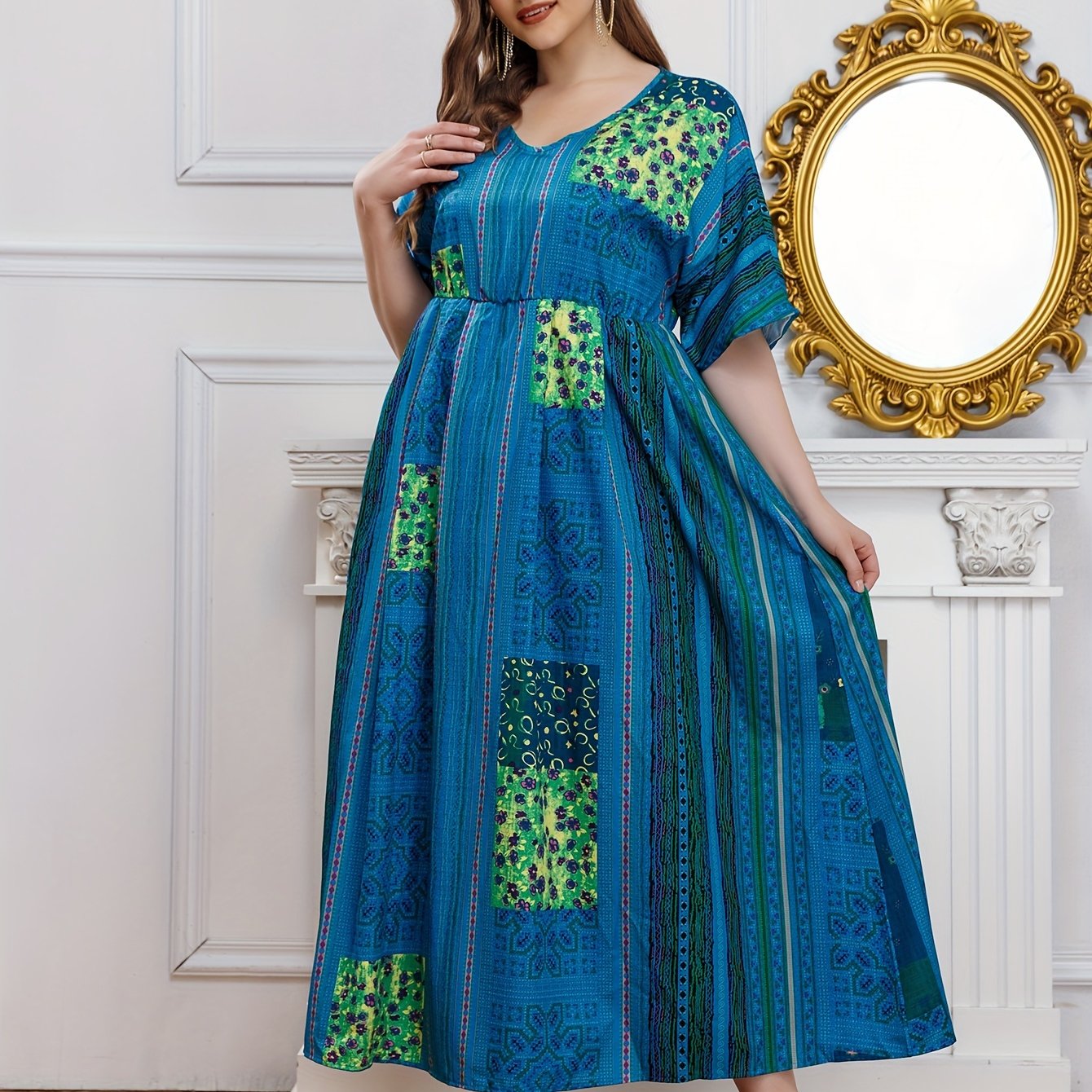  Ethnic Print Batwing Sleeve Maxi Dress