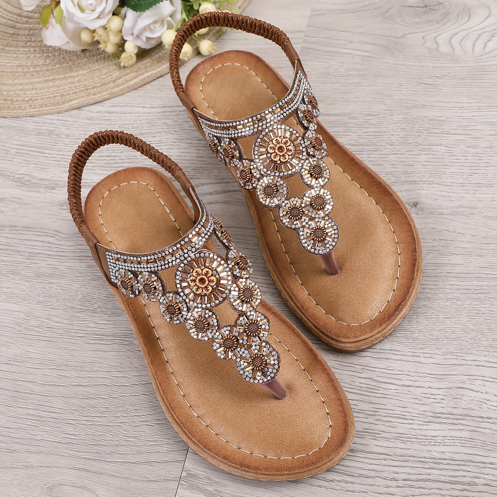 Boho Thong Sandals with Rhinestone Decor
