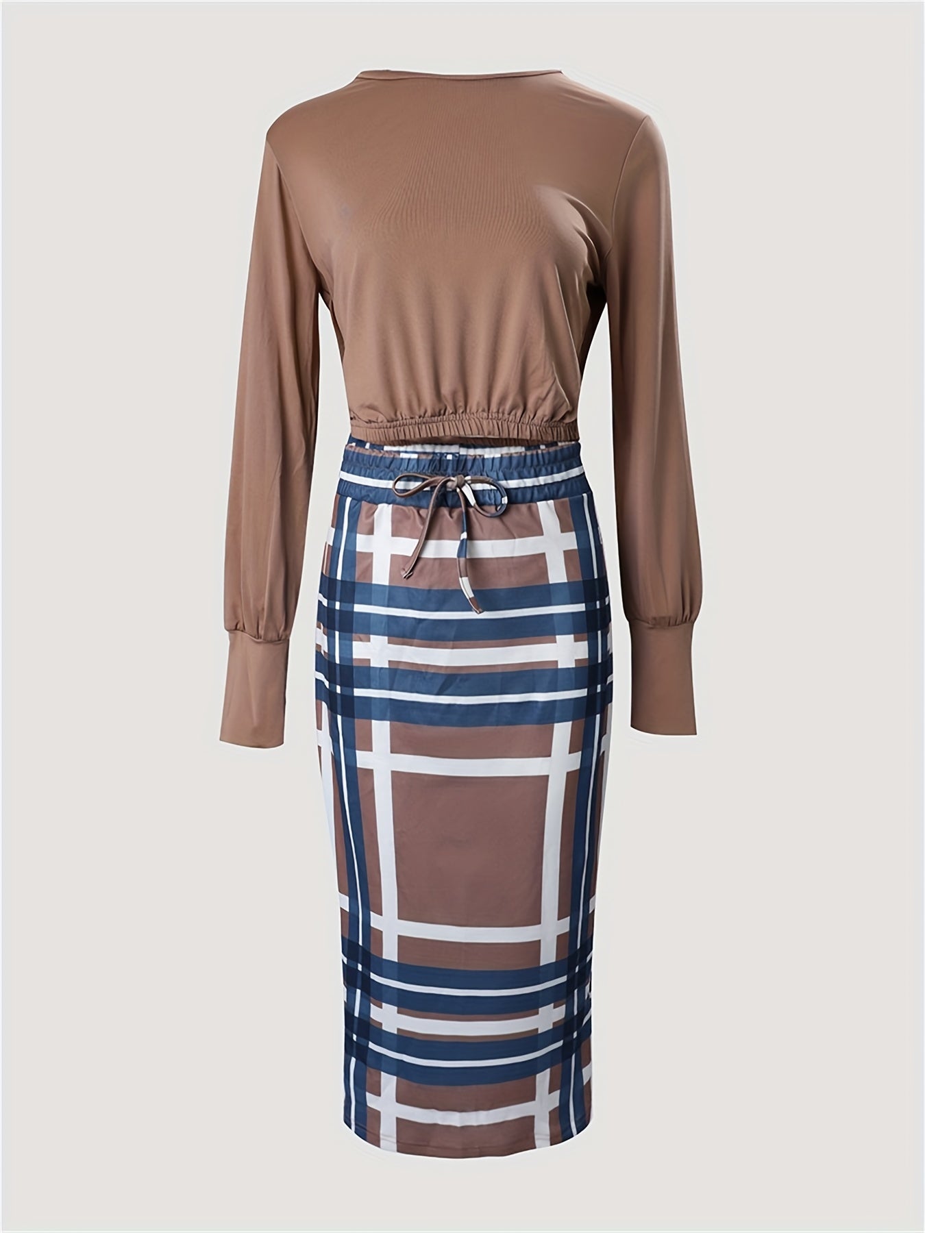 Casual Two-piece Set Solid Long Sleeve Tops & Plaid Print Split Skirts