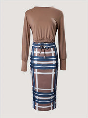 Casual Two-piece Set Solid Long Sleeve Tops & Plaid Print Split Skirts