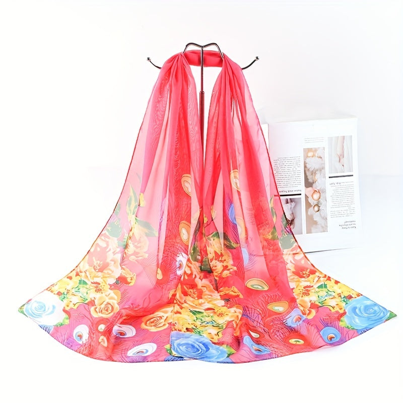 Peacock Flower Chiffon Scarf Sunscreen Shawl Outdoor Travel Head Wrap
