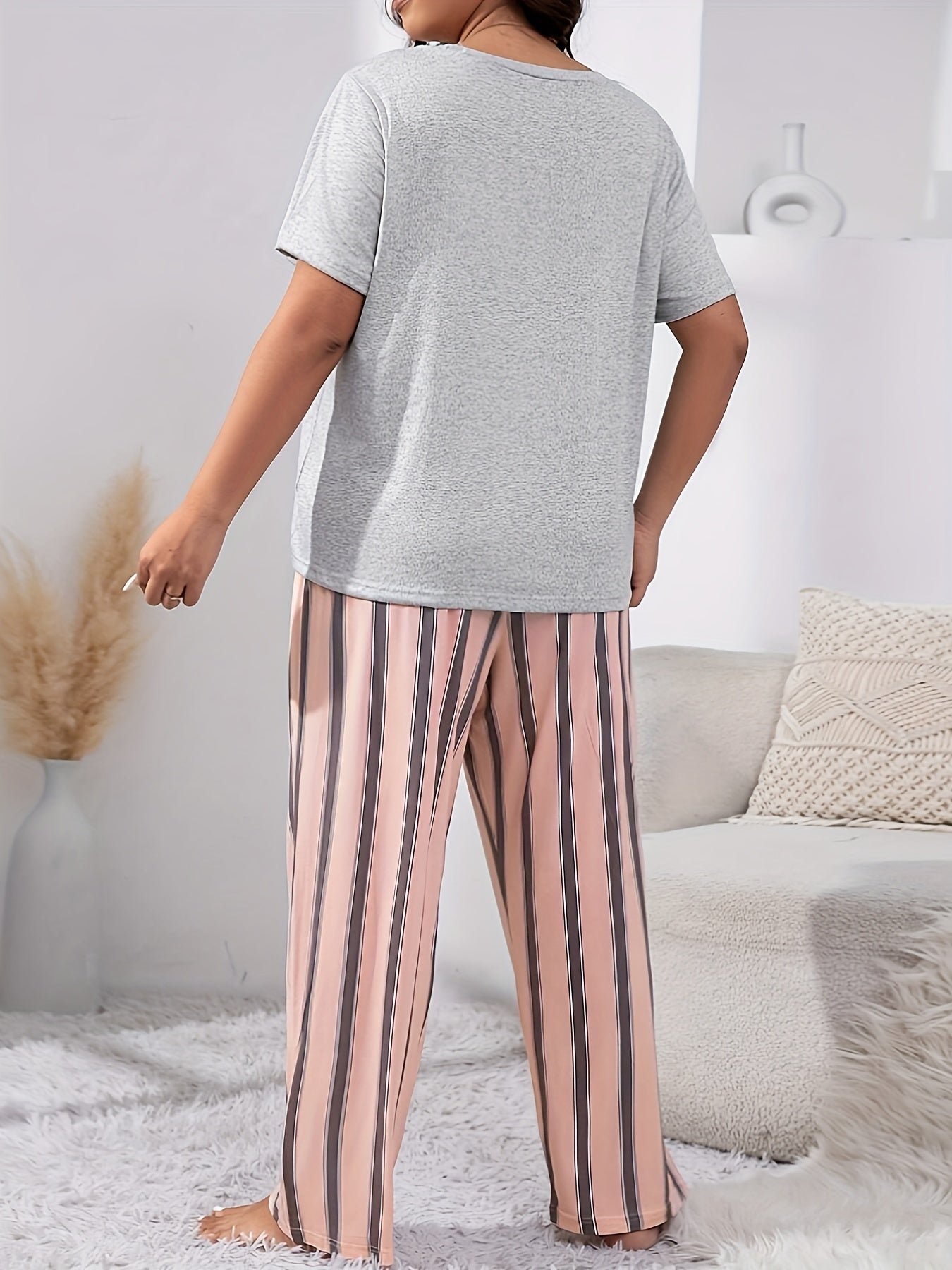  Heart & Slogan Print Tee & Striped Pants Lounge Set