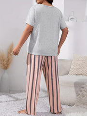  Heart & Slogan Print Tee & Striped Pants Lounge Set