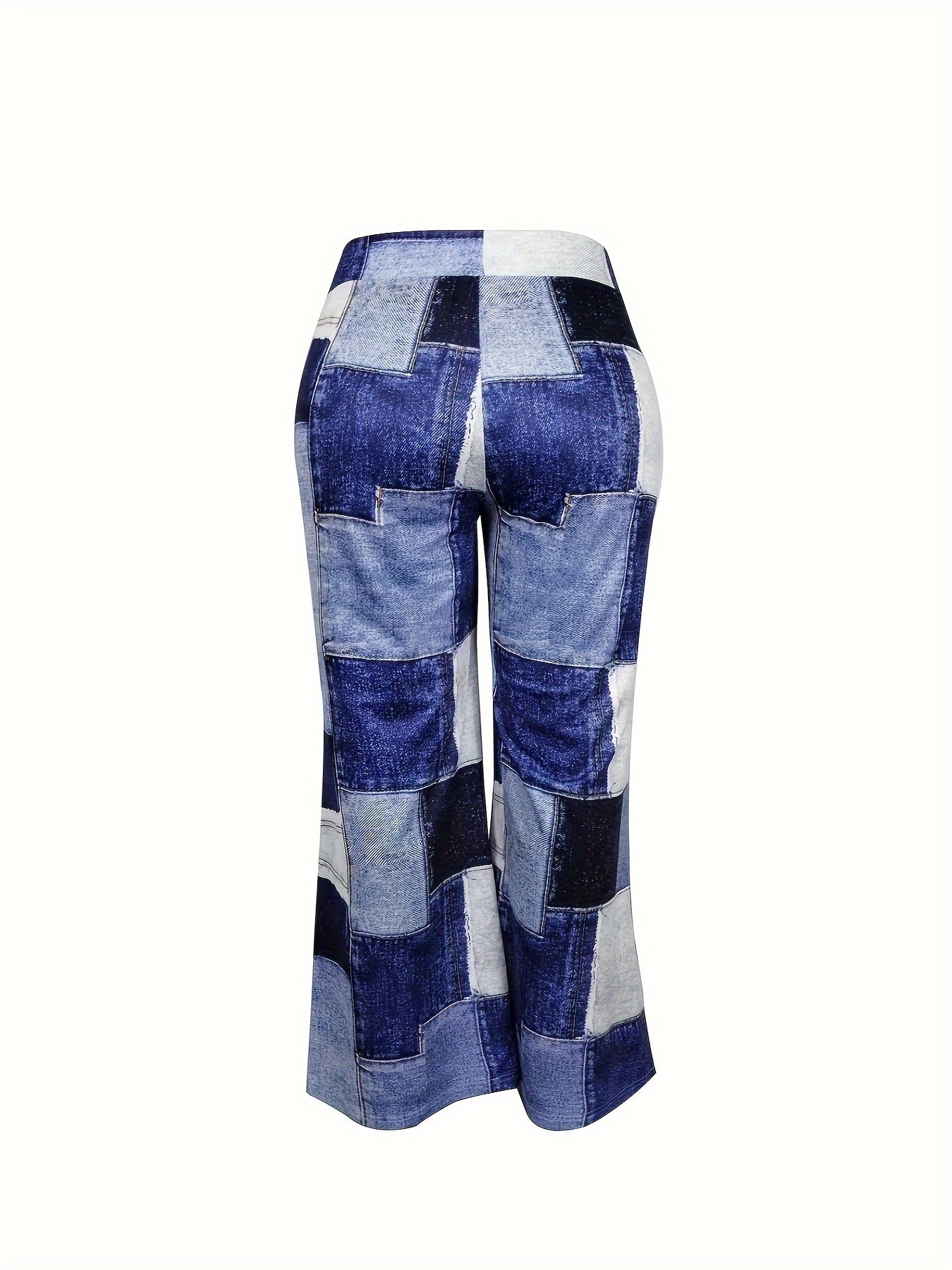  Colorblock Denim Print Flared Leg Trousers