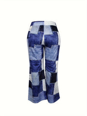  Colorblock Denim Print Flared Leg Trousers