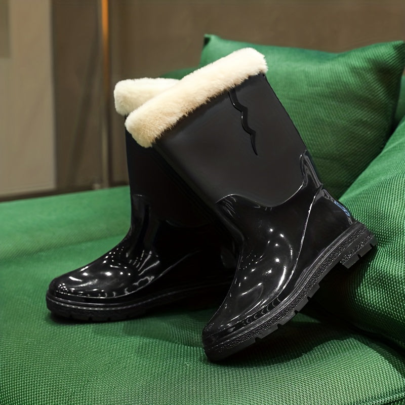 Women's Fleece Liner Rain Boots Slip on Mid Calf Boots