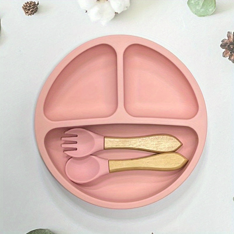 Baby Suction Plate With Self Feeding Spoon Fork BPA Infant Utensil Set