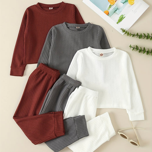 Girl's Waffle Sweatshirt & Sweatpants Set, Casual Outfit for Spring Fall