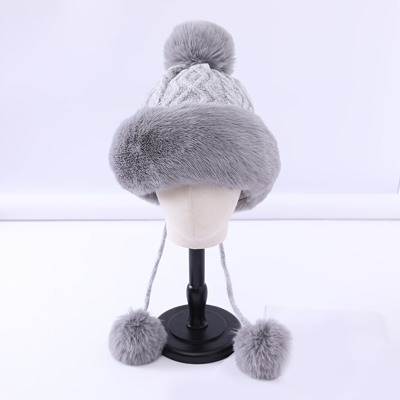 Fur Beanie Hat With Pom Pom Fuzzy Trapper Hat Ears Warm Knit Cap