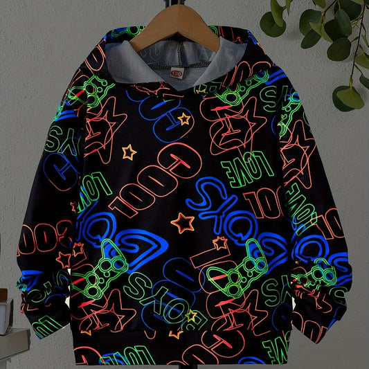 Boys Luminous Letter & Gamepad Print Hooded Sweatshirt