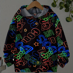 Boys Luminous Letter & Gamepad Print Hooded Sweatshirt