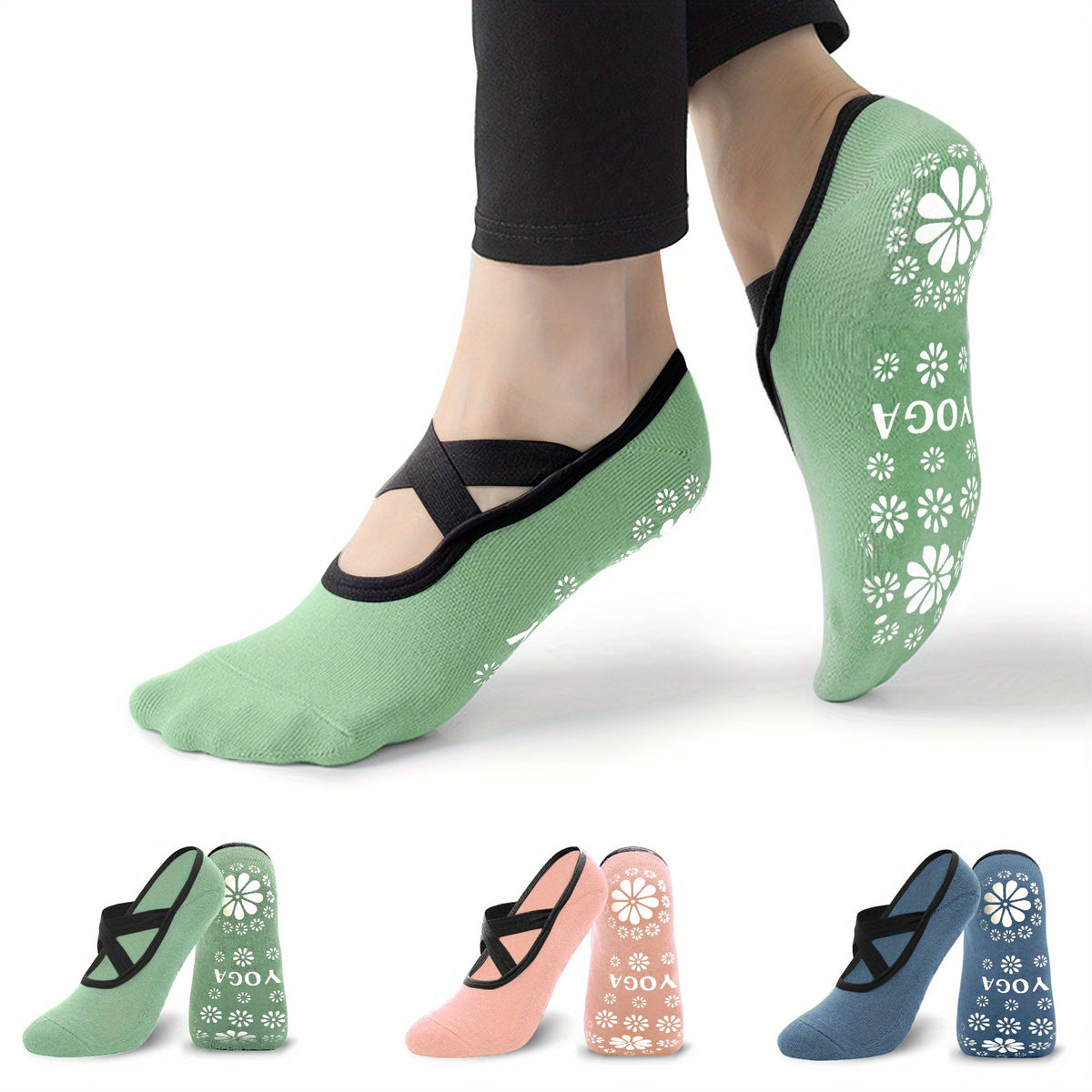 3 Pairs Criss Cross Yoga Socks w/ Flower Pattern Bottom Non Slip Pilates Dance