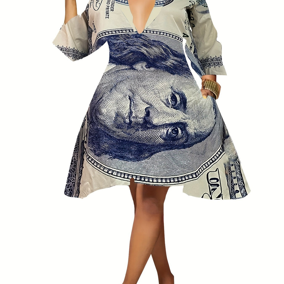  Women's Scarf Print V Neck A line Dress