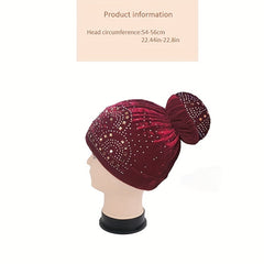 Pom Pom Rhinestone Turban Velvet Head Wrap Chemo Cap
