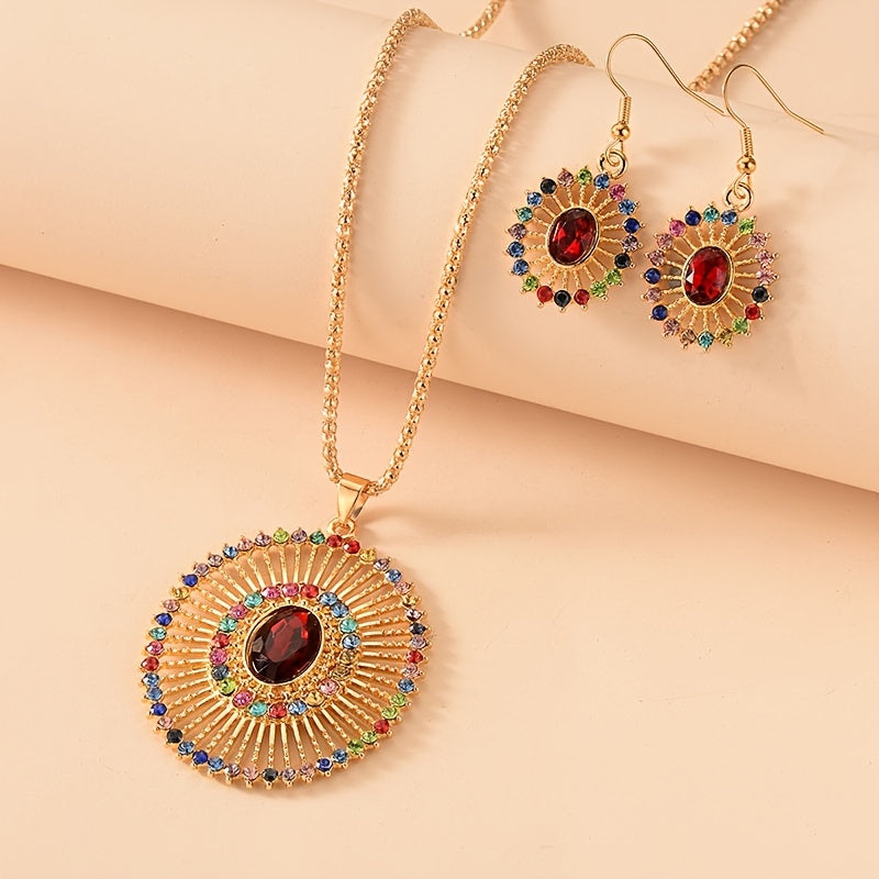 Sun Ray Pendant Necklace & Earrings Set Inlaid Gems Gift
