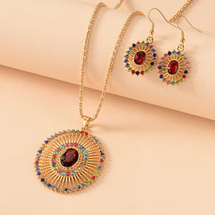 Sun Ray Pendant Necklace & Earrings Set Inlaid Gems Gift
