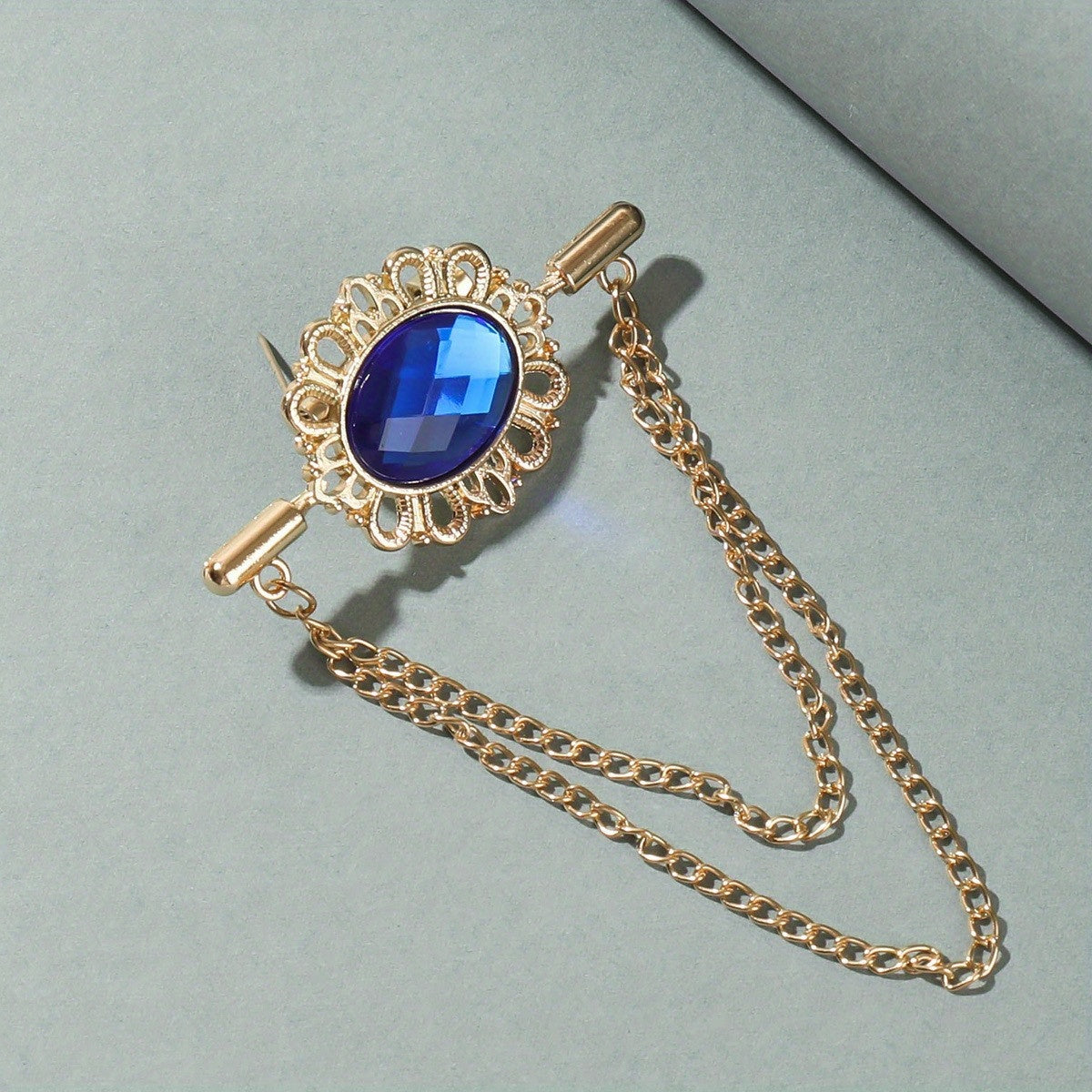 Sapphire Brooch Chain Collar Pin Jewelry Set