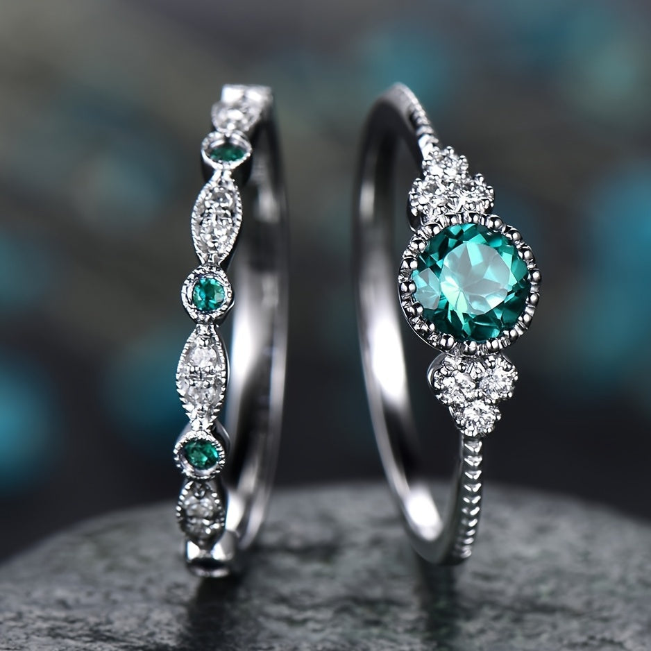 Round Cut Zircon Couple Rings 2 Pcs Set