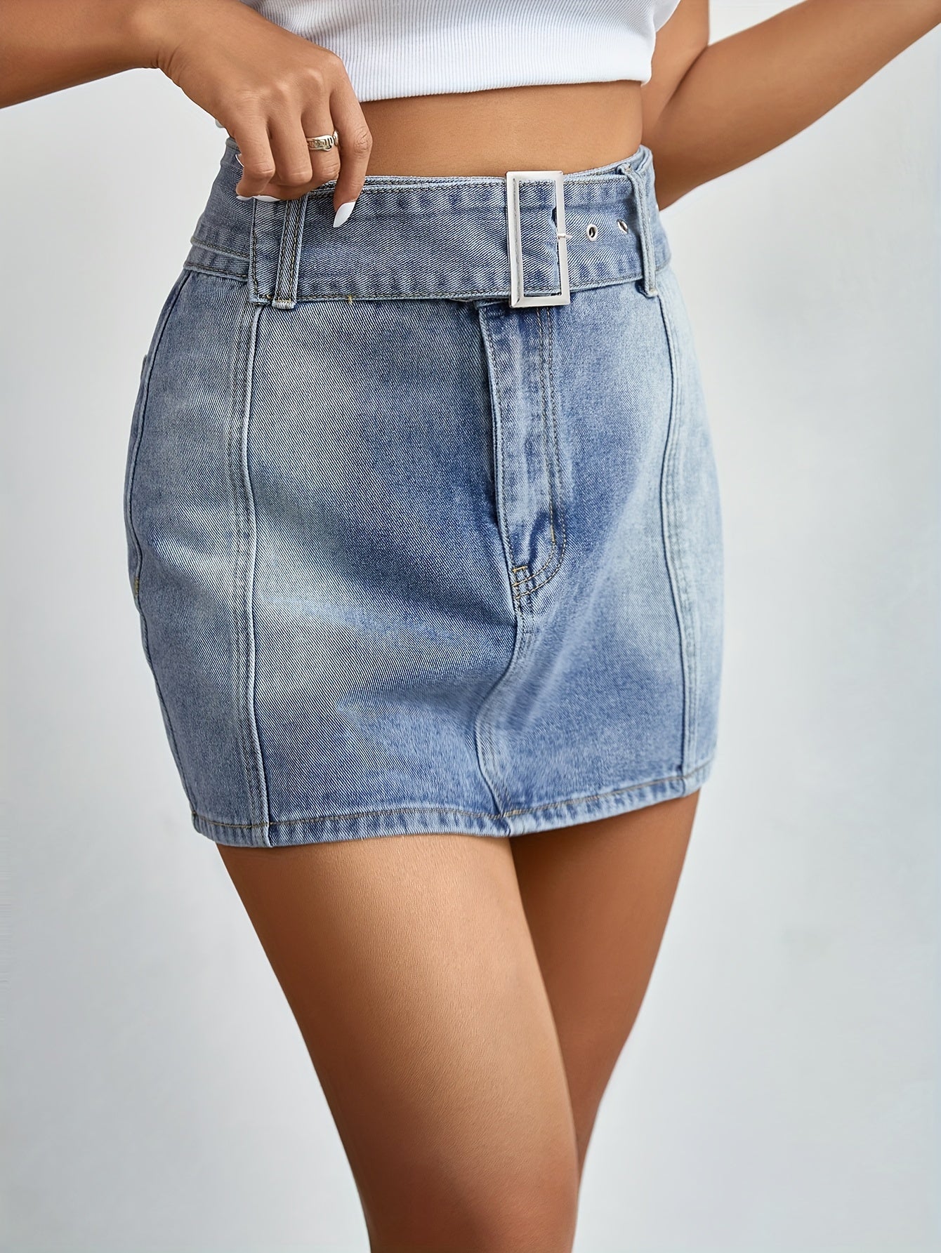 Adjustable Belt High Waist Mini Denim Skirt Women's Clothing
