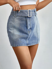 Adjustable Belt High Waist Mini Denim Skirt Women's Clothing