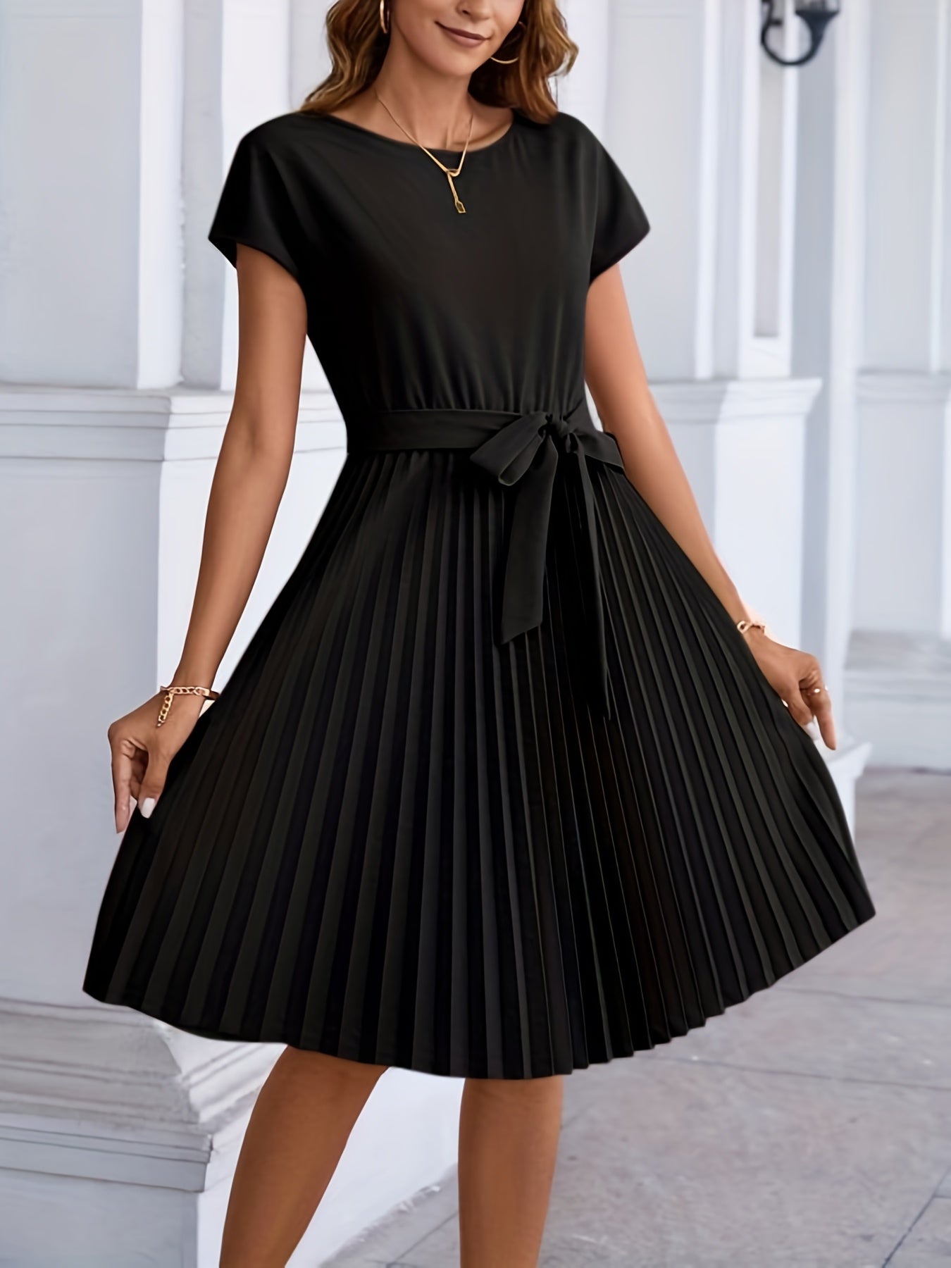 Pleated Tie Front Dress Short Sleeve Casual Solid Dress