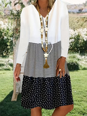 Women's Plus Stripe & Polka Dot Print V-Neck Long Sleeve Dress