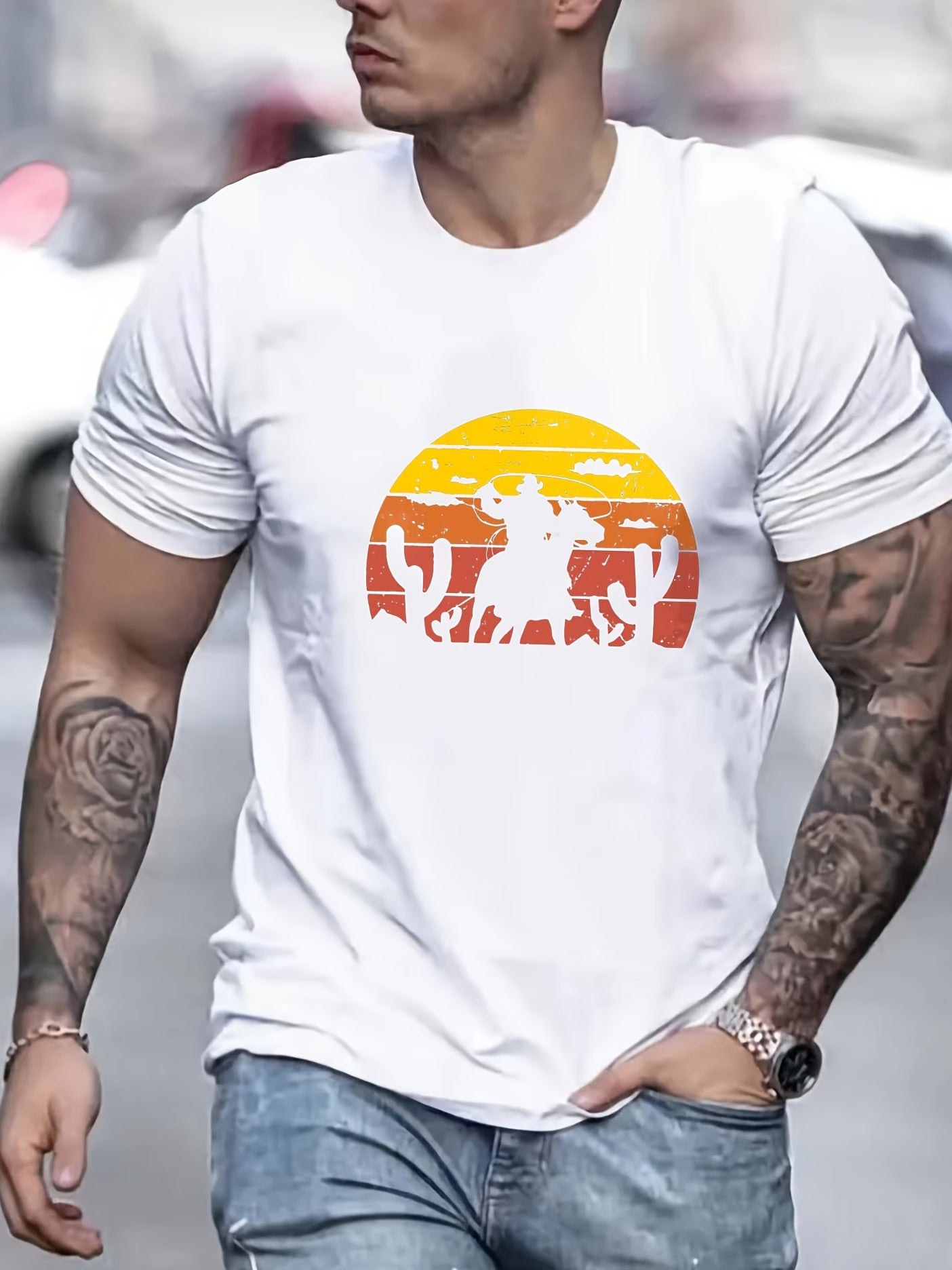 Old West Cowboy Print Men's Graphic Crew Neck Active T shirt Casual Comfy Tees