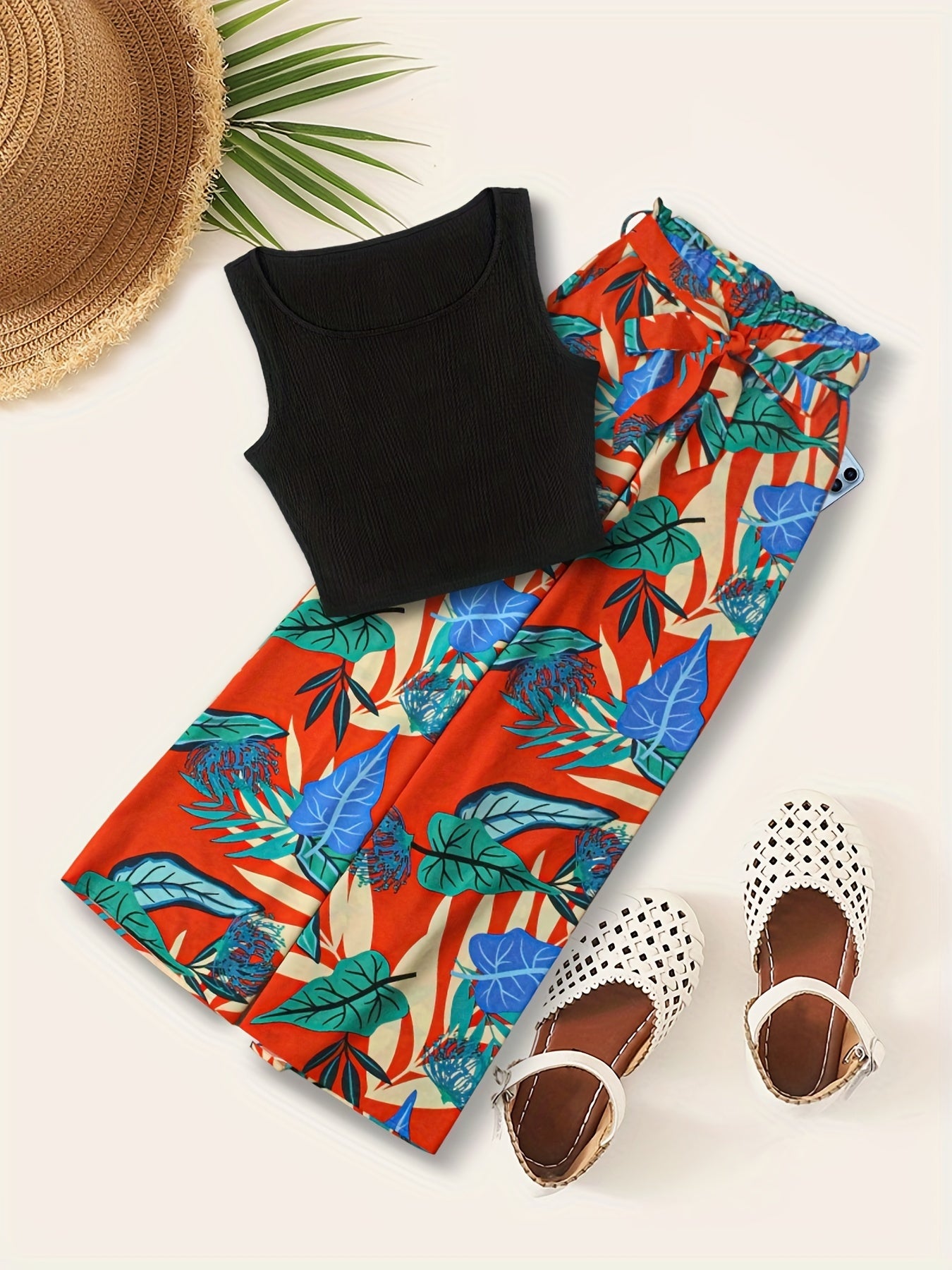Boho Tank Top & Tropical Print Wide Leg Pants Set
