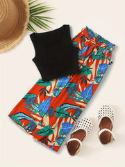 Boho Tank Top & Tropical Print Wide Leg Pants Set